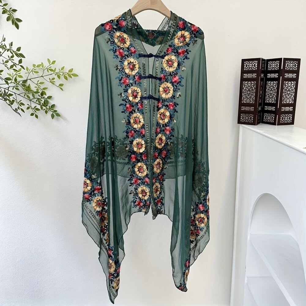 Hand-Embroidered Green Clasp Shawl Semi-Sheer‎ floral NEW beach shawl OS